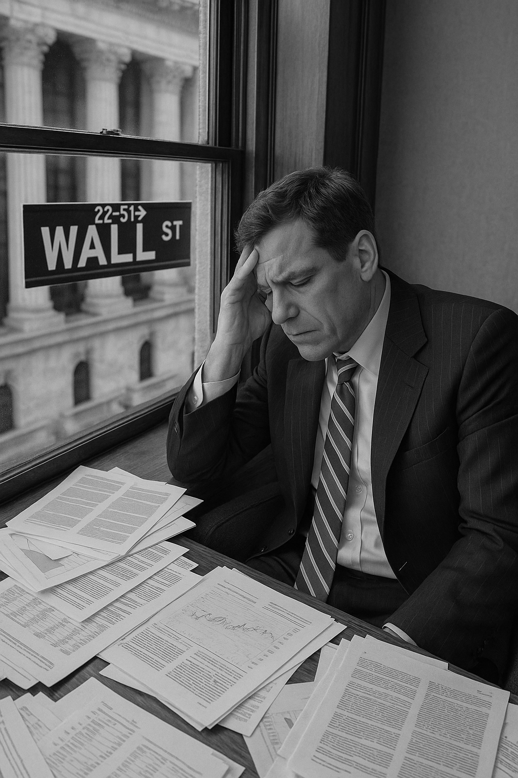 A man in a suit sits at a desk, reviewing papers with a focused expression