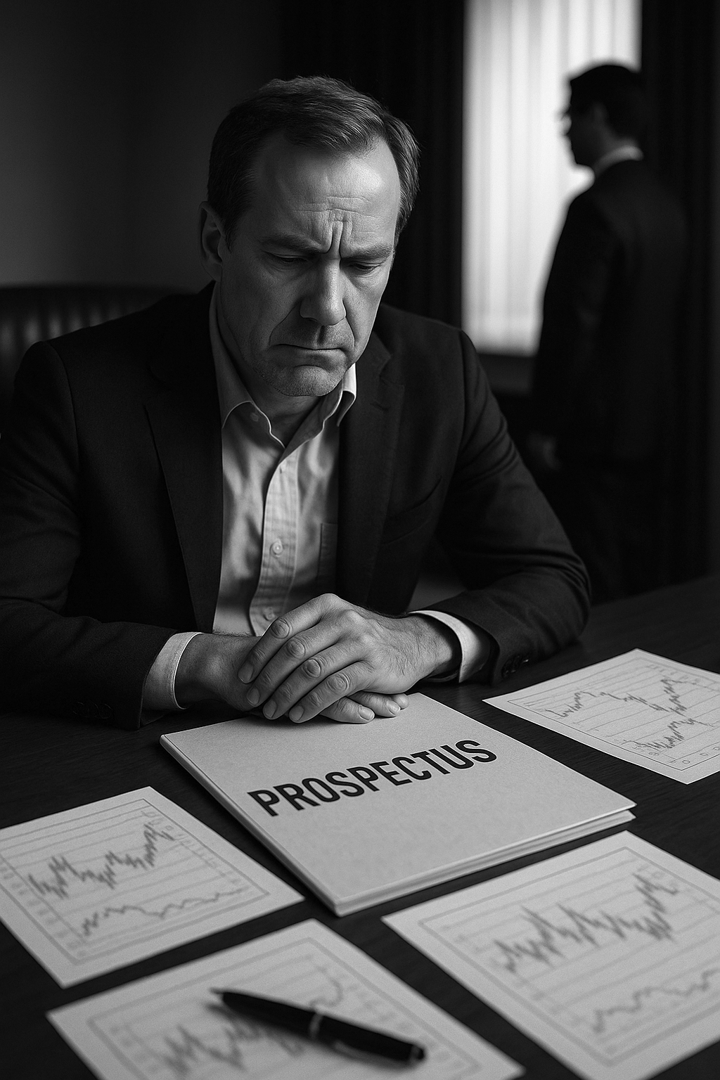 A man in a suit sits at a desk, reading documents