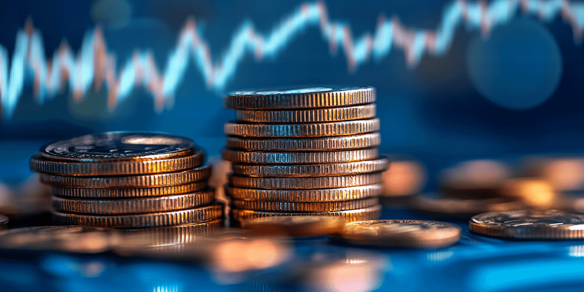 Stacks of gold coins with a financial graph in the background, symbolizing wealth and market trends