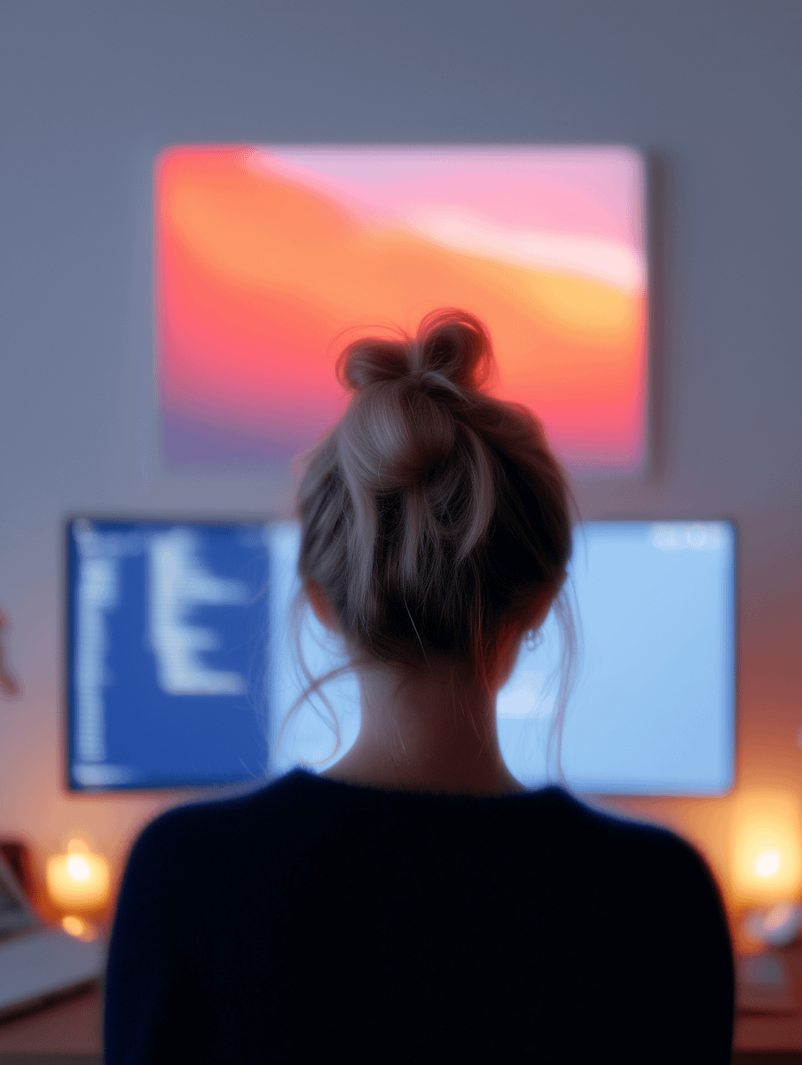 Blonde woman working on a dual-monitor setup in a cozy, candle-lit room with warm tones and abstract wall art.